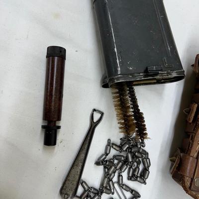 WW 2 German Ammo Belt Holder German Gun Cleaning Box Insignia Swastika and Ammo Container Cylinder