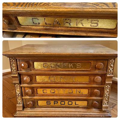 Antique George Clark Oak Spool Sewing Cabinet 4 Drawers