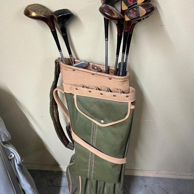 Vintage Wooden Golf Clubs and Bag