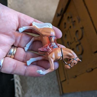 Adorable Vintage Ceramic Cowgirl and Small Horse, 2 Metal Cast Horses