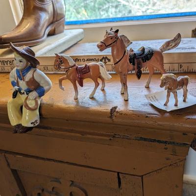 Adorable Vintage Ceramic Cowgirl and Small Horse, 2 Metal Cast Horses