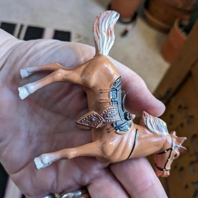 Adorable Vintage Ceramic Cowgirl and Small Horse, 2 Metal Cast Horses