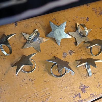 Set of 8 Vintage Solid Brass Star Napkin Ring Holders Hammered