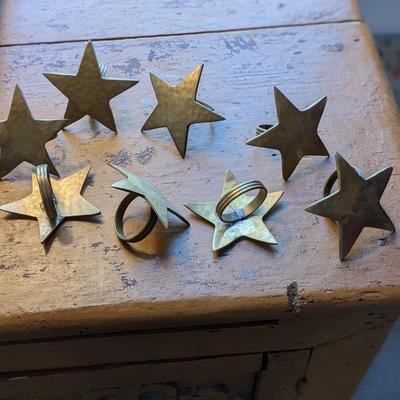 Set of 8 Vintage Solid Brass Star Napkin Ring Holders Hammered