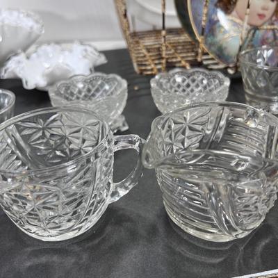 Dish rack shabby chic decorative Hibel plates Fenton Silver light bowls