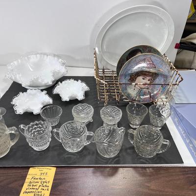 Dish rack shabby chic decorative Hibel plates Fenton Silver light bowls