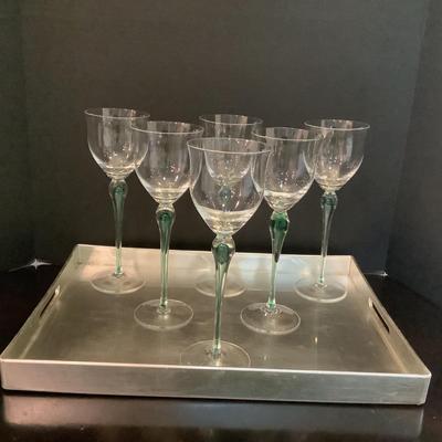 248 Set of 6 Crystal D'Arques-Durand Wine Glasses with Silver Tray