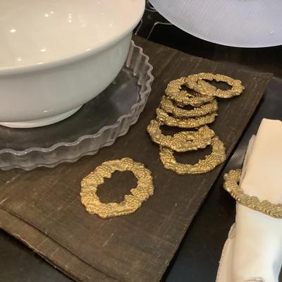 249 Frosted Glass Fish Tray with Placemats and Brass Napkin Rings