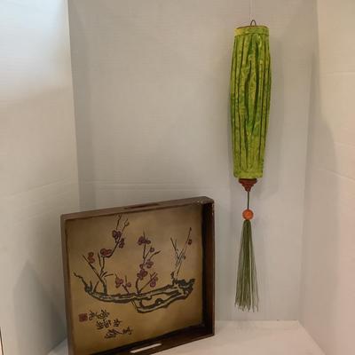 261 Green Asian Hanging Lantern with Cherry Blossom Tray