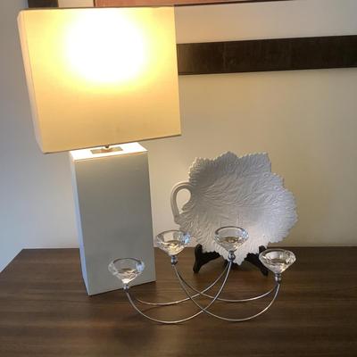 267 White Faux Leather Lamp with Leaf Plate and Candleholder
