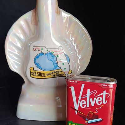 Jim Beam Florida seashell decanter with vintage Velvet tobacco tin