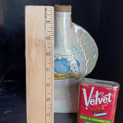Jim Beam Florida seashell decanter with vintage Velvet tobacco tin