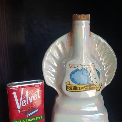Jim Beam Florida seashell decanter with vintage Velvet tobacco tin
