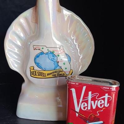Jim Beam Florida seashell decanter with vintage Velvet tobacco tin