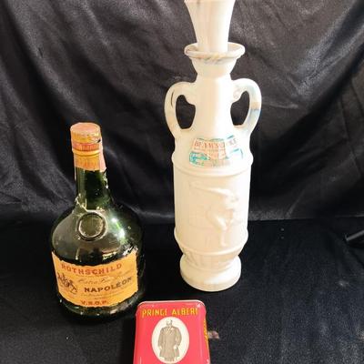 Rothschild Napoleon bottle and a Milk glass swirl Beams choice Decanter with prince Albert tin