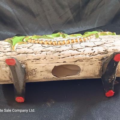 Vintage 70's ceramic centerpiece Yule log candle holder, hand painted, original centerpiece 2 of 2