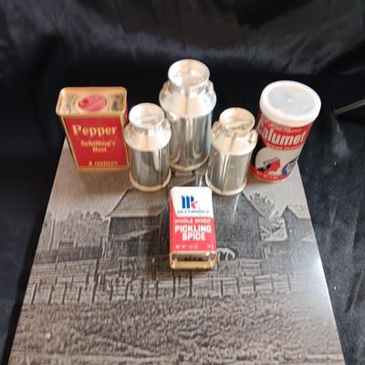 Really cool lasered art tile Barn with horse with vintage spice cans