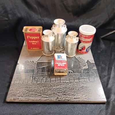 Really cool lasered art tile Barn with horse with vintage spice cans