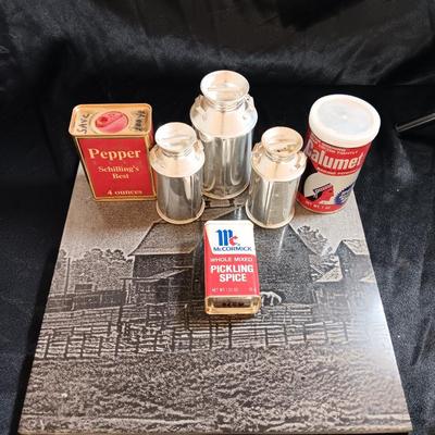 Really cool lasered art tile Barn with horse with vintage spice cans