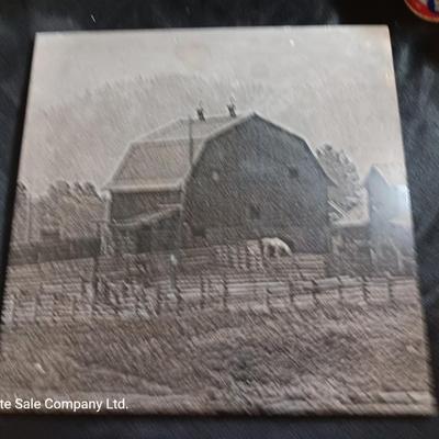 Really cool lasered art tile Barn with horse with vintage spice cans