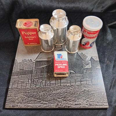 Really cool lasered art tile Barn with horse with vintage spice cans