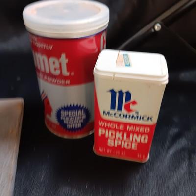 Really cool lasered art tile Barn with horse with vintage spice cans