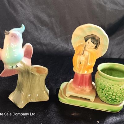 Vintage Mid-Century MCM Planters - Cockatiel and USA marked Girl planter