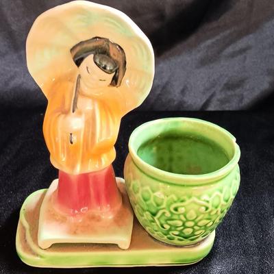 Vintage Mid-Century MCM Planters - Cockatiel and USA marked Girl planter