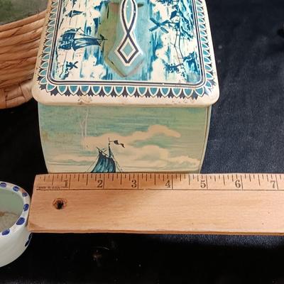 Vintage hand painted Holland Delft Holland floral planter with tin and wicker covered bottle