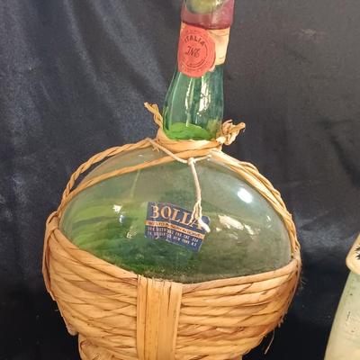 Vintage hand painted Holland Delft Holland floral planter with tin and wicker covered bottle