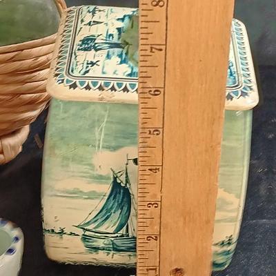 Vintage hand painted Holland Delft Holland floral planter with tin and wicker covered bottle