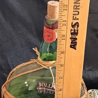 Vintage hand painted Holland Delft Holland floral planter with tin and wicker covered bottle