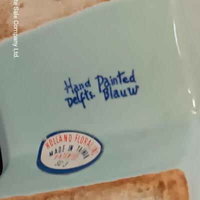 Vintage hand painted Holland Delft Holland floral planter with tin and wicker covered bottle