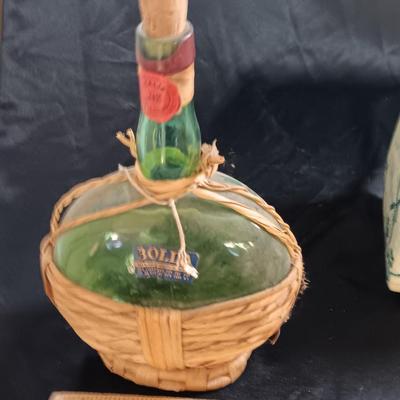 Vintage hand painted Holland Delft Holland floral planter with tin and wicker covered bottle