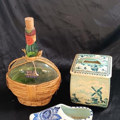 Vintage hand painted Holland Delft Holland floral planter with tin and wicker covered bottle