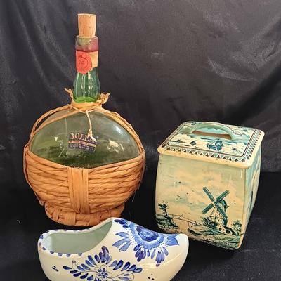 Vintage hand painted Holland Delft Holland floral planter with tin and wicker covered bottle