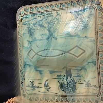 Vintage hand painted Holland Delft Holland floral planter with tin and wicker covered bottle