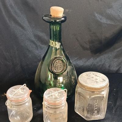 Molle' Co Glass Jar - two e-z seal Jars and a green Green Glass CE Crown Seal Wine Decanter