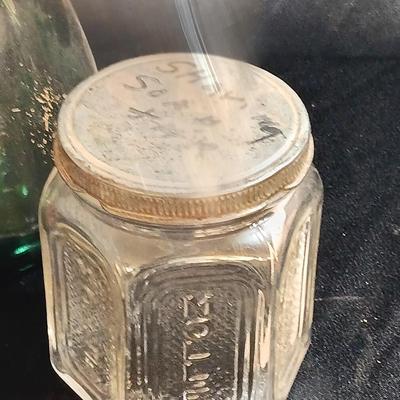 Molle' Co Glass Jar - two e-z seal Jars and a green Green Glass CE Crown Seal Wine Decanter