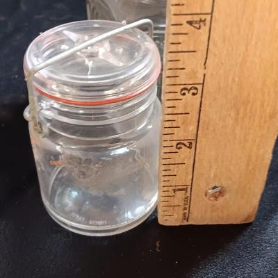 Molle' Co Glass Jar - two e-z seal Jars and a green Green Glass CE Crown Seal Wine Decanter