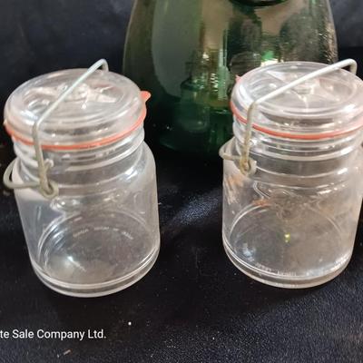 Molle' Co Glass Jar - two e-z seal Jars and a green Green Glass CE Crown Seal Wine Decanter