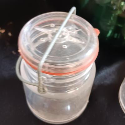 Molle' Co Glass Jar - two e-z seal Jars and a green Green Glass CE Crown Seal Wine Decanter