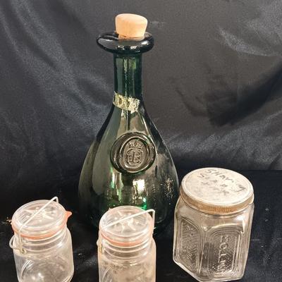 Molle' Co Glass Jar - two e-z seal Jars and a green Green Glass CE Crown Seal Wine Decanter