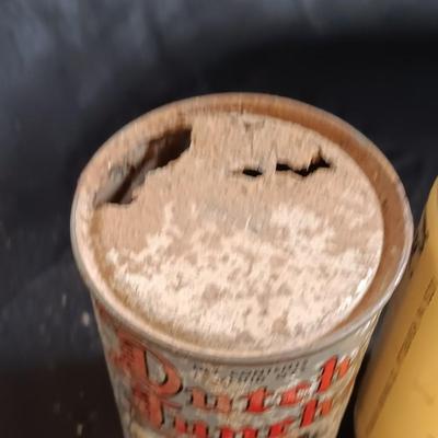 Vintage Beer cans with Humorous salt & pepper Kwyatt Urp and Wild Bill Hiccup salt & pepper shakers