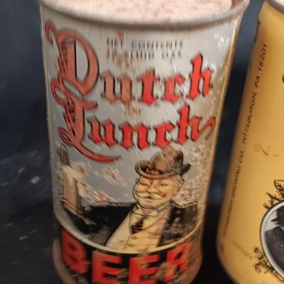 Vintage Beer cans with Humorous salt & pepper Kwyatt Urp and Wild Bill Hiccup salt & pepper shakers