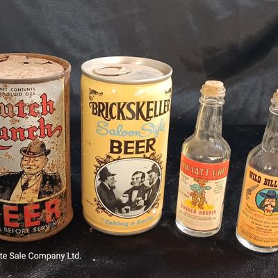 Vintage Beer cans with Humorous salt & pepper Kwyatt Urp and Wild Bill Hiccup salt & pepper shakers