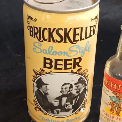 Vintage Beer cans with Humorous salt & pepper Kwyatt Urp and Wild Bill Hiccup salt & pepper shakers