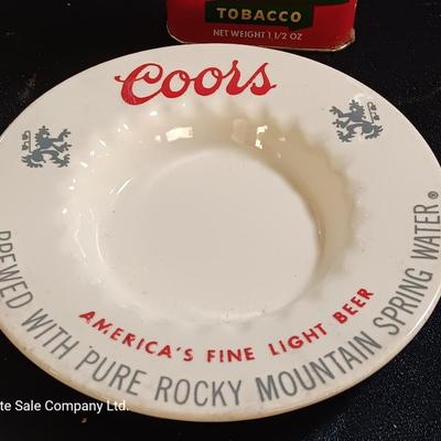 Adolph Coors ceramic ash tray with Velvet tobacco tin
