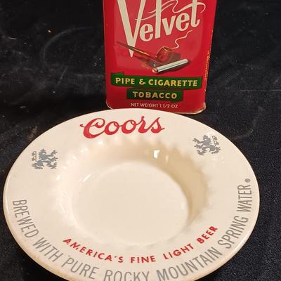 Adolph Coors ceramic ash tray with Velvet tobacco tin
