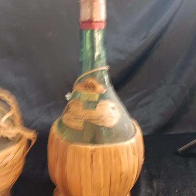 Two wicker covered Italian alcohol bottles with Florida Oranges salt & Pepper shakers